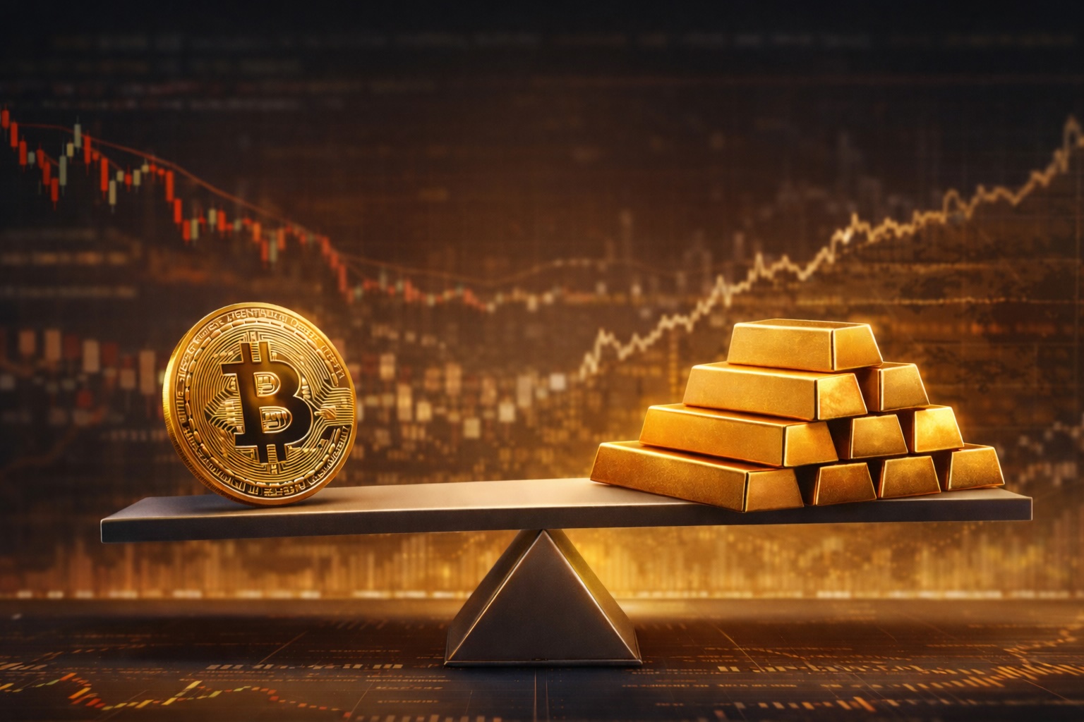 A bitcoin and a stack of gold bars balanced on a seesaw in front of market charts